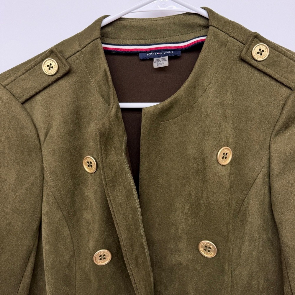 Tommy Hilfiger Blazer Women Small Green Faux Suede Military Double Breasted Gold
